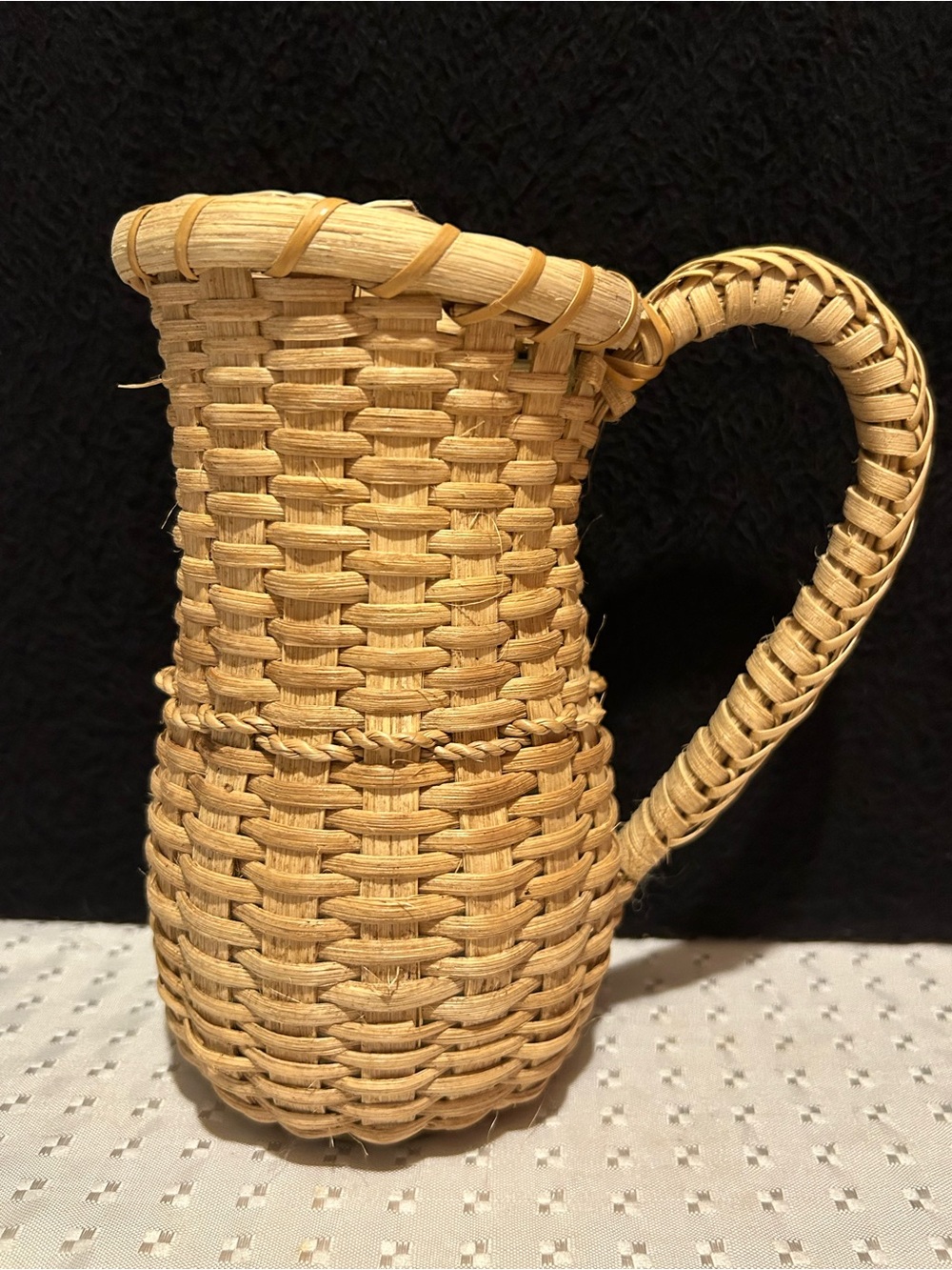 Vintage Woven Wicker Pitcher Vase With Glass Insert Basket With Handle